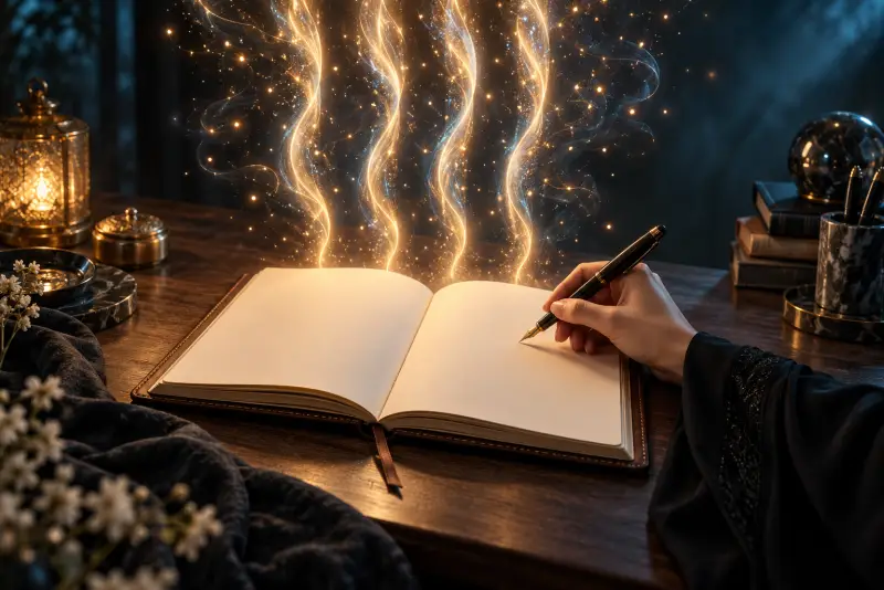يد تدوّن الأفكار في دفتر مفتوح على مكتب خشبي تحت ضوء مصباح دافئ