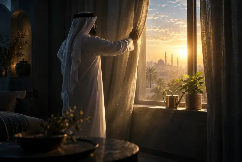 شخص يفتح ستائر غرفته لضوء الصباح ويستعد للخروج
