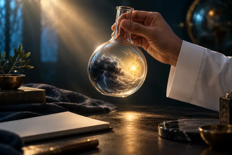 قوارير مختبر زجاجية يتصاعد منها ضوء دافئ على طاولة