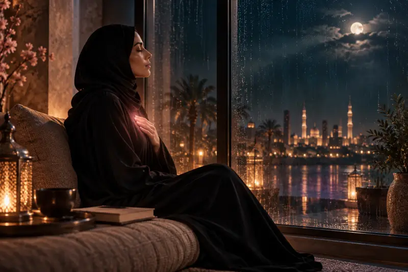 شخص يجلس بهدوء مغمض العينين ويضع يده على صدره