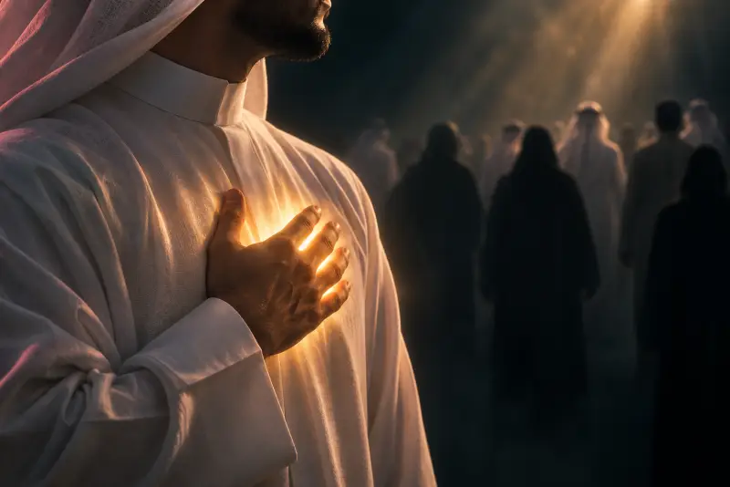 شخص يضع يده على صدره ويتحدث بصدق