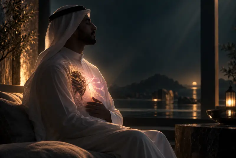 شخص يضع يده على حلقه ويتنفس ببطء في ضوء هادئ