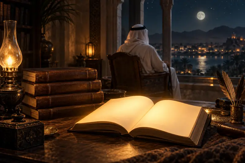 شخص يقرأ كتاباً بجوار نافذة ويلوح في انعكاسها طيف شخص حكيم